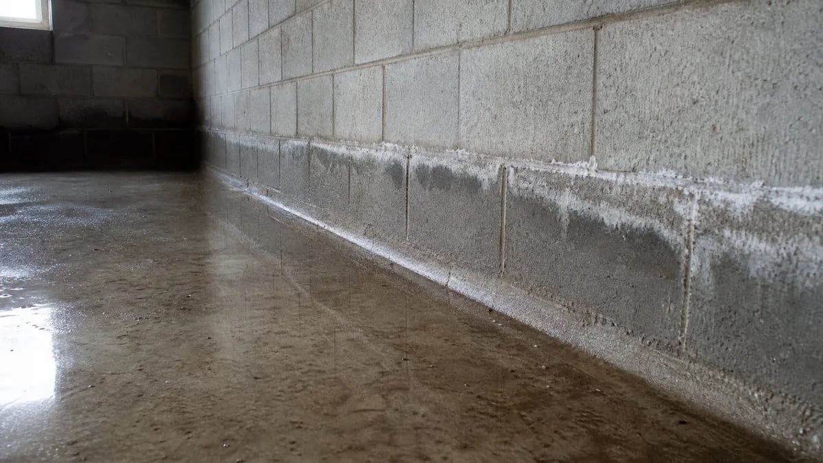 A thin sheet of water standing across a poured basement floor at the foot of a block wall, with a damp line up the joint above it.