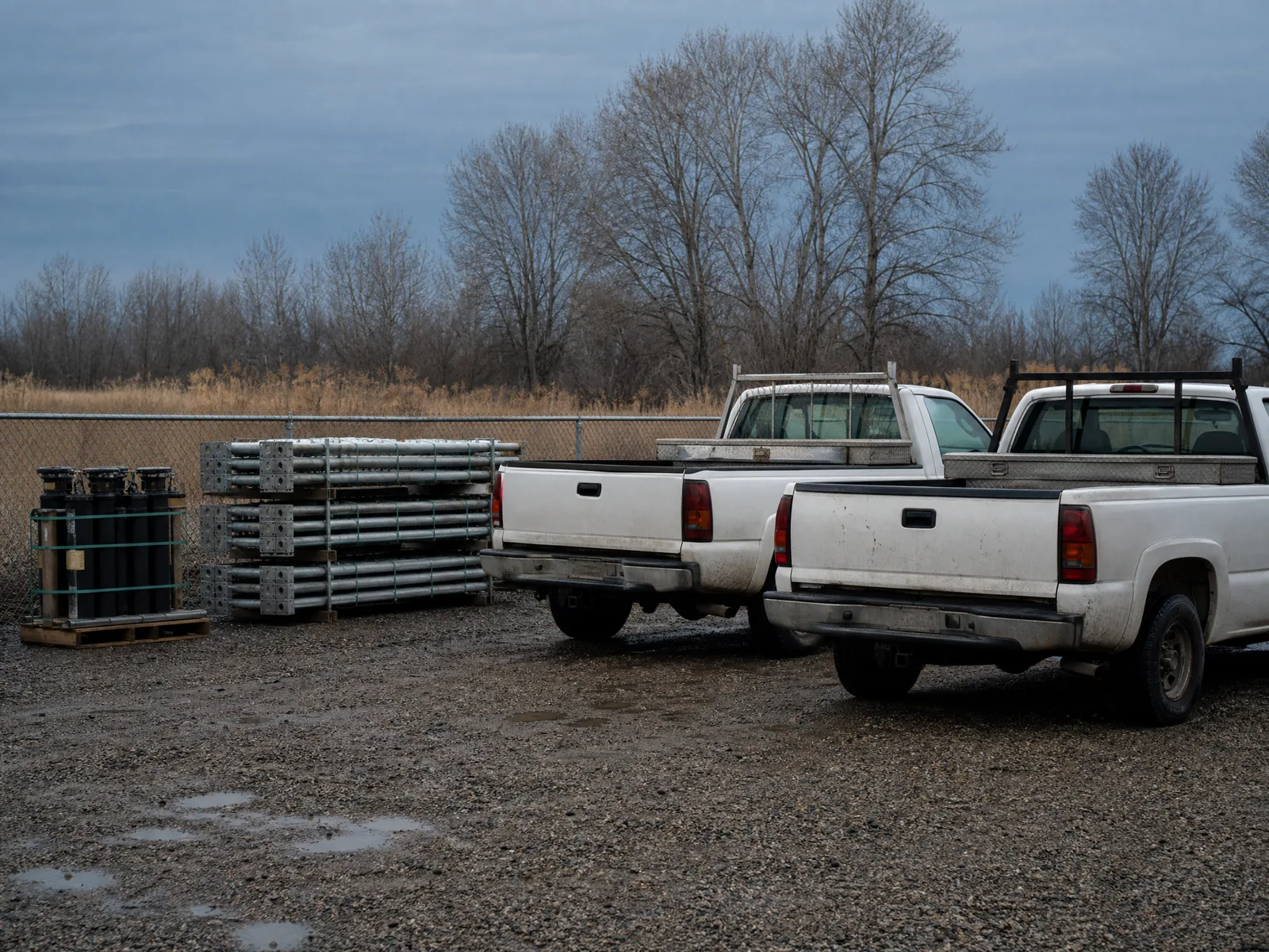 Two work pickups and banded stacks of steel pier sections in a contractor's gravel yard at first light.