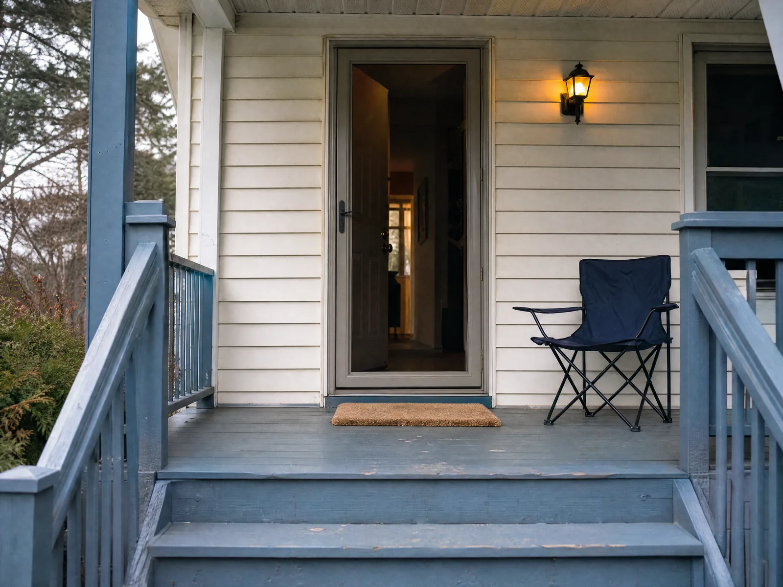The front door of a house standing open behind a storm door with the porch light on.