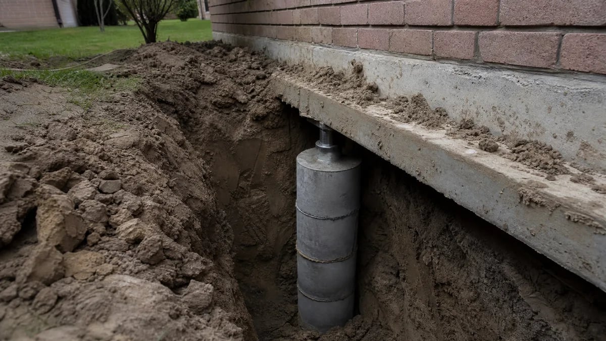 Stacked concrete piling segments pressed into a trench of grey clay under the perimeter beam of a house.