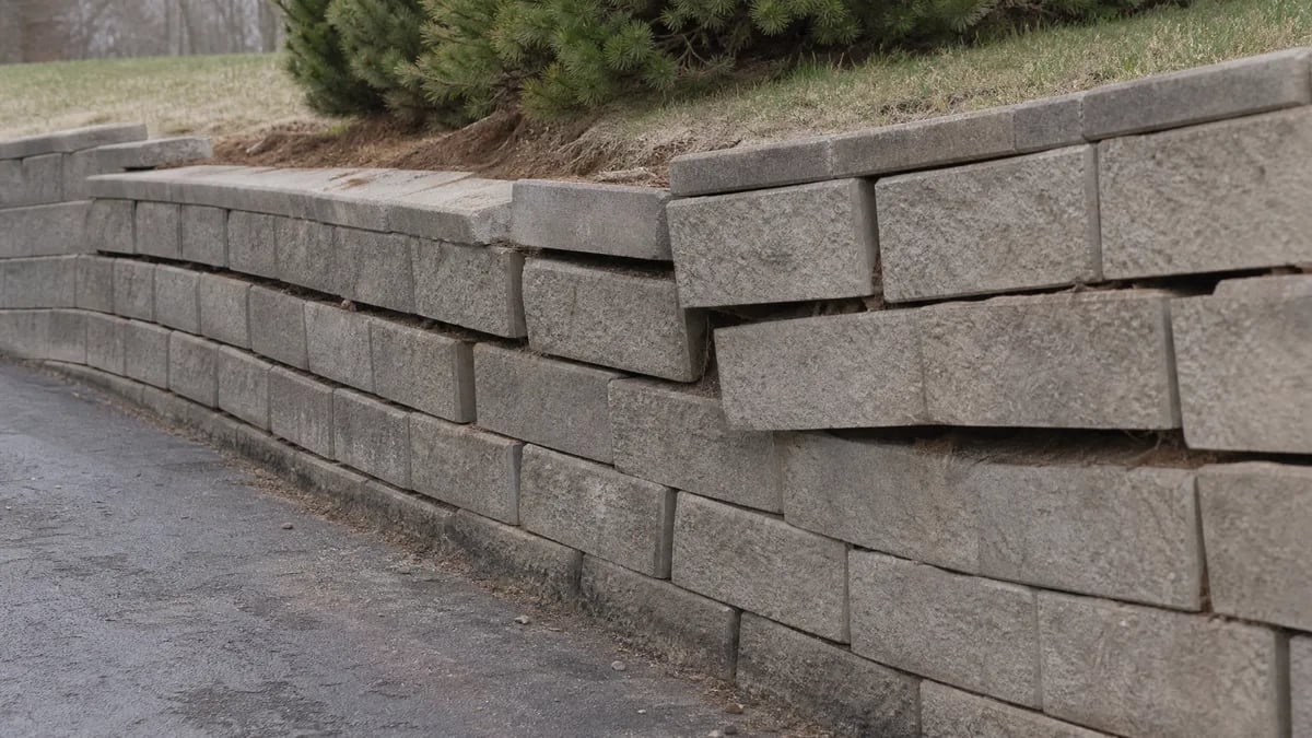 A segmental block retaining wall leaning out over a driveway, its top courses pushed forward and the joints opened into a visible step.