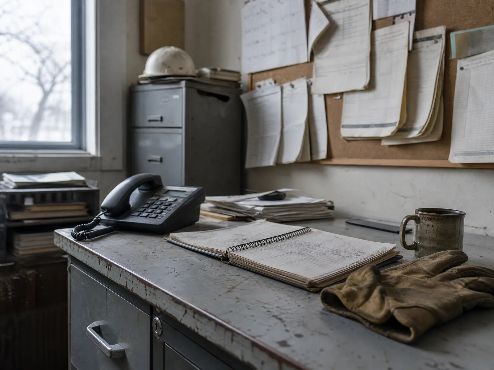 A shop office desk with a corded phone, an open spiral-bound job book, work gloves and a corkboard of paperwork above it.