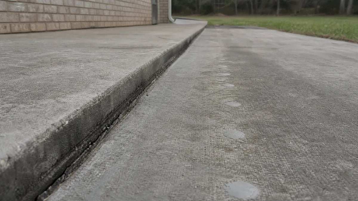A poured concrete slab dropped below the section beside it at the joint, with a row of patched injection holes running across the lower slab.