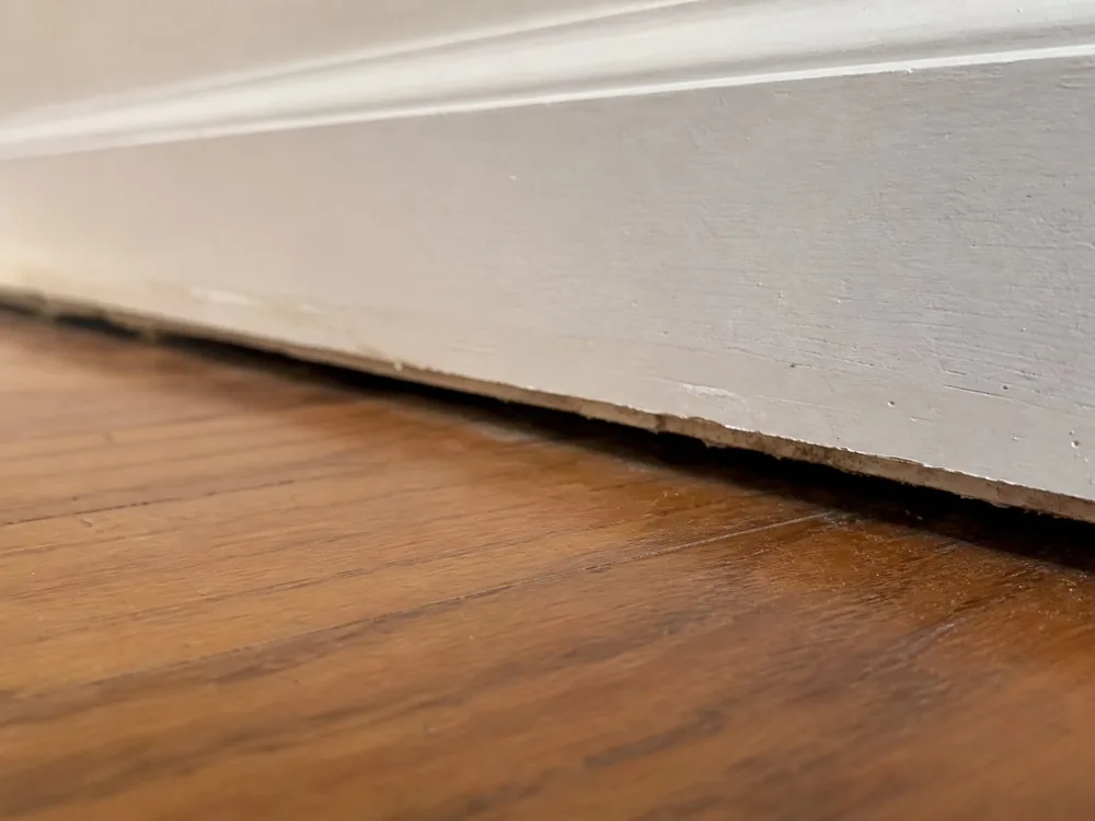 A painted baseboard pulled away from a hardwood floor, leaving a dark gap running the length of the wall.